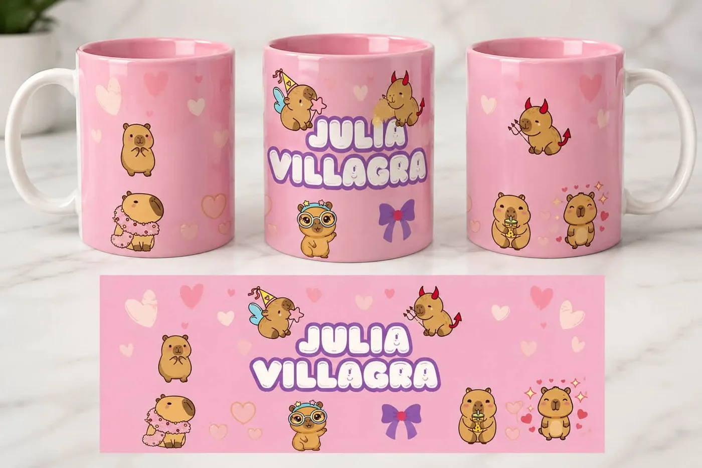 Pink personalized character mug with the name Julia Villagra